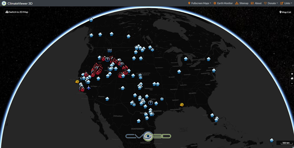 Ground-based cloud seeding generators on the West Coast of the United States of America - ClimateViewer 3D